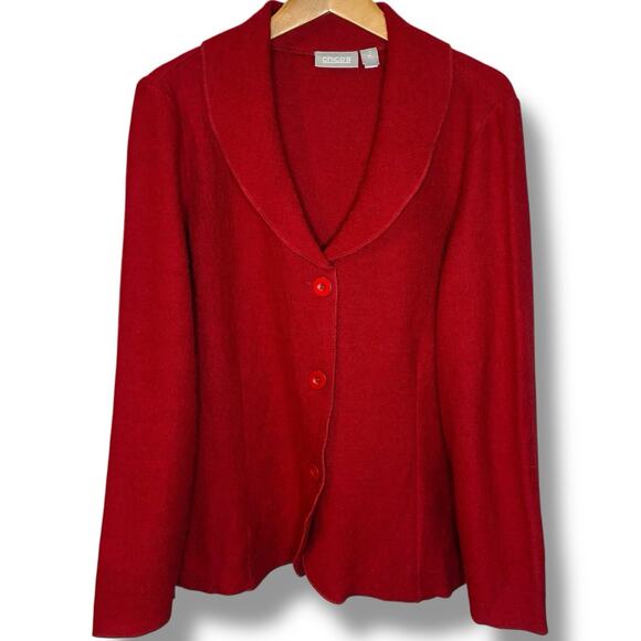 Chico's Wool Jacket Size 2 (L) Red Boiled Wool Three Button Shawl Collar FLAW - Picture 1 of 5